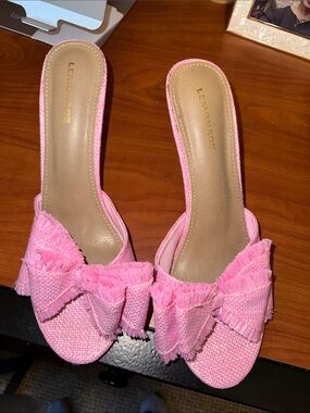 Lemon pink frayed bow slide mules